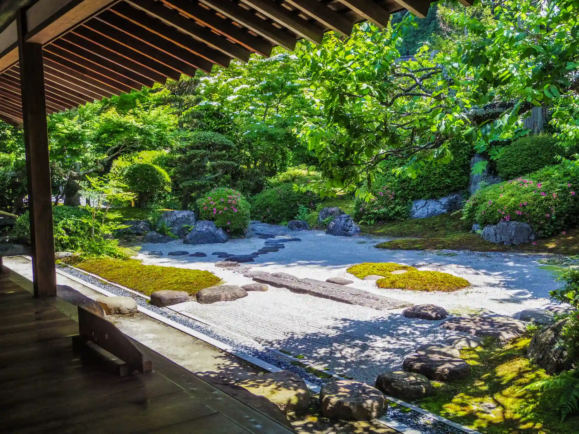 Kyoto Zen temple dry-stone and moss garden viewed from the engawa